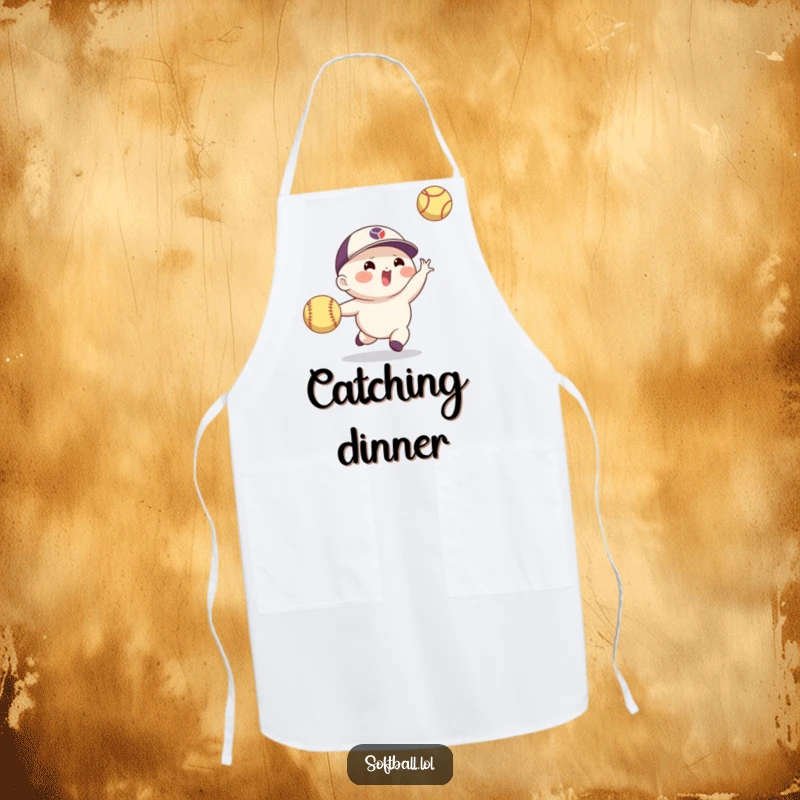 Funny softball apron showing an agile character making a spectacular catch, adding a humorous, skillful element to kitchen wear.
