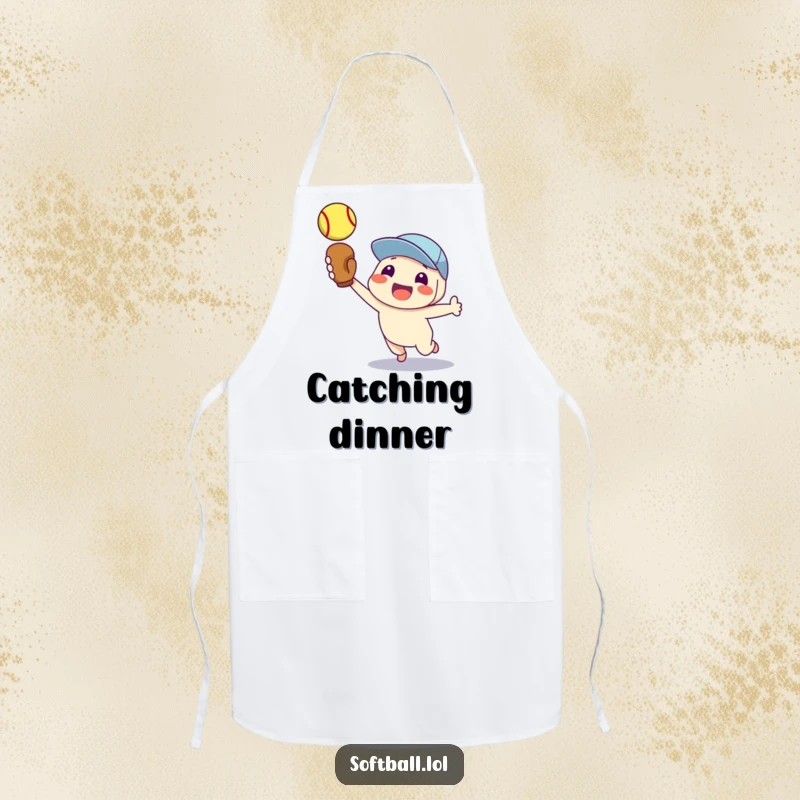 Funny apron showing a proud character catching a softball, great for kitchen sports fans.