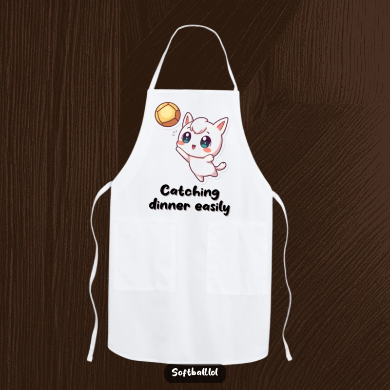 Funny Fly Ball Apron, showing a kawaii character with excited eyes catching a fly ball, perfect for kitchen fun and protecting clothes.