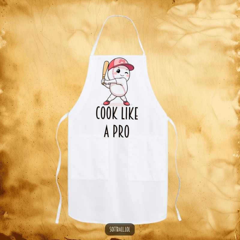Funny softball apron showing a confident character mid-swing, ready to tackle culinary challenges with athletic humor.