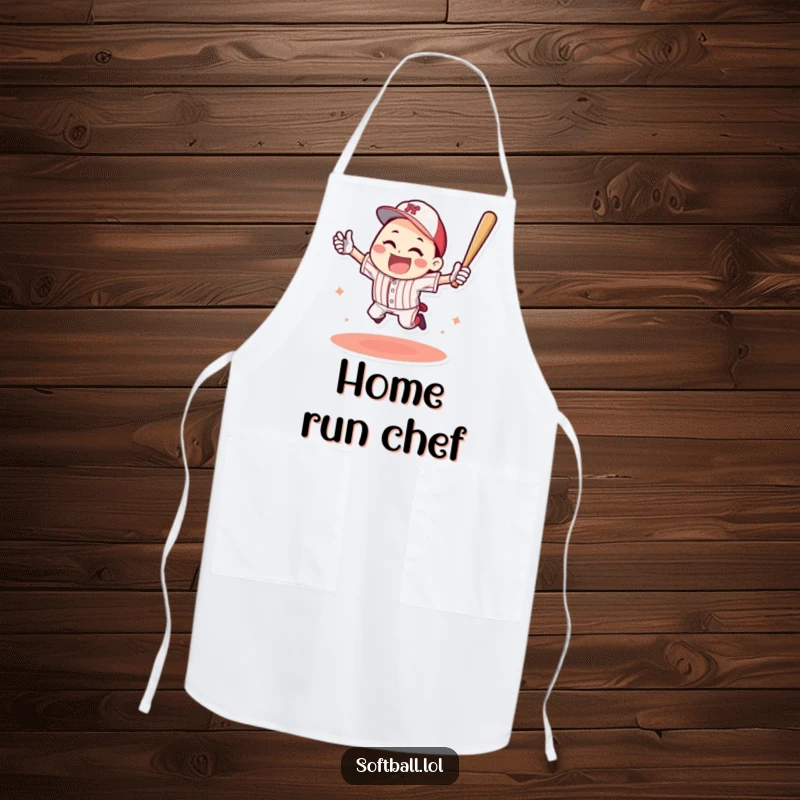Funny apron featuring a happy character celebrating a baseball home run with a triumphant jump, perfect for the kitchen champion.