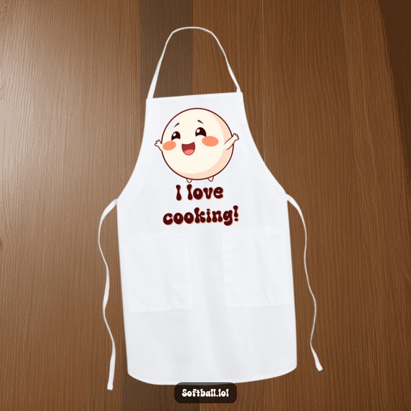 Funny cheerful softball apron with rosy cheeks, enthusiastically cheering, perfect for kitchen fun or a funny gift.
