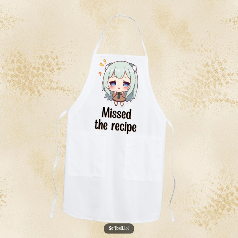 Funny apron featuring a character looking surprised after missing a hit, adding humorous flair to cooking.