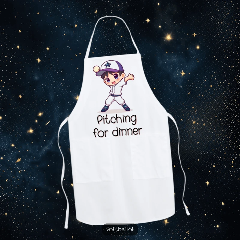 Funny apron showing a character in a dynamic pose with a fancy pitching motion, perfect for channeling kitchen power.