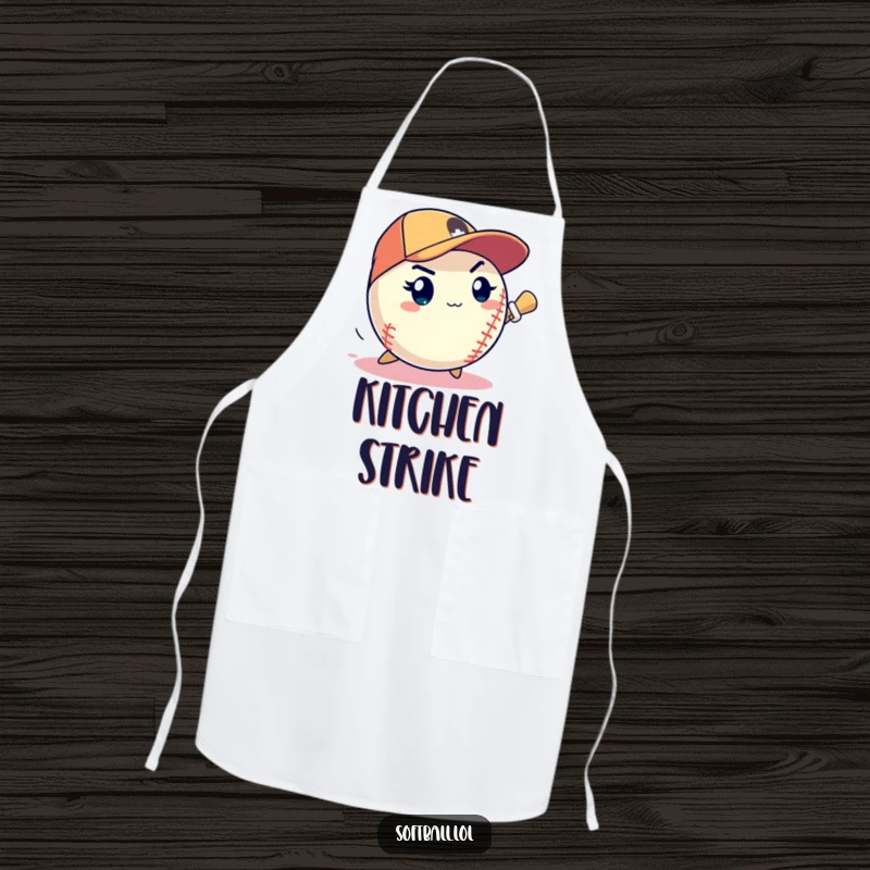 Funny softball determined expression pitching a speedy strike, humorous and precise apron