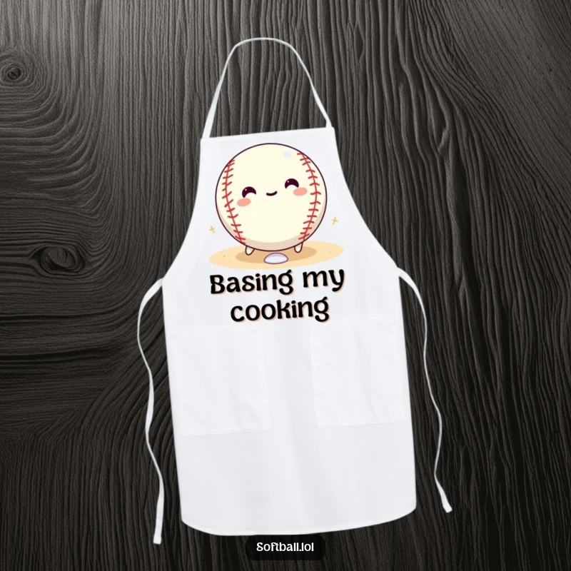 Funny softball apron showing a happy softball character rolling with glee around the bases, perfect for kitchen fun.