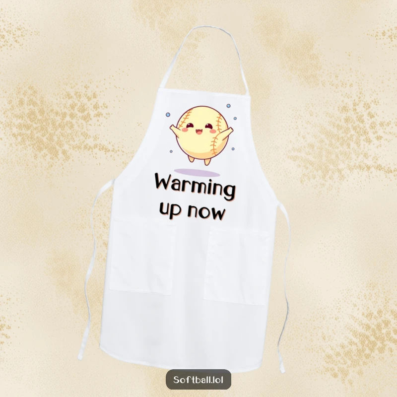 Funny apron design with a cartoon softball doing a star jump and sweating. Ideal for chefs who enjoy humorous kitchenware.