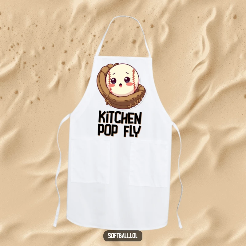 Funny Apron featuring a surprised softball popping out of a mitt, adding humorous sports flair to kitchen duties.