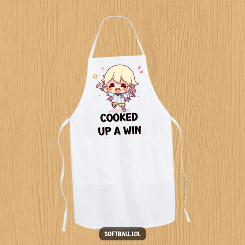 Funny apron featuring a character doing a silly dance after scoring, adding humorous celebration to cooking.