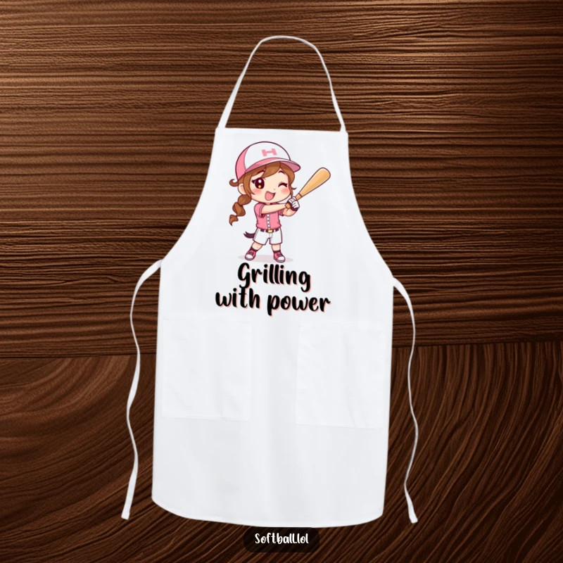 Funny apron featuring a happy character in a softball uniform swinging a bat, perfect for cooking with a sporty flair.