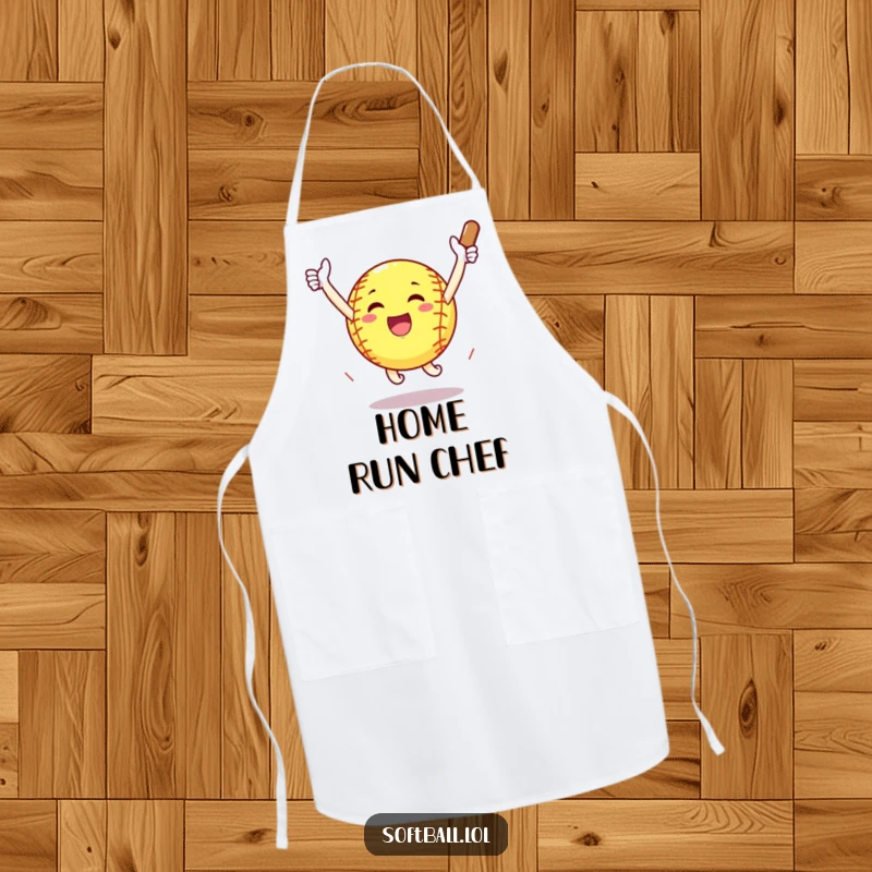 Funny softball arms outstretched celebrating a home run with a jump, humorous and festive apron