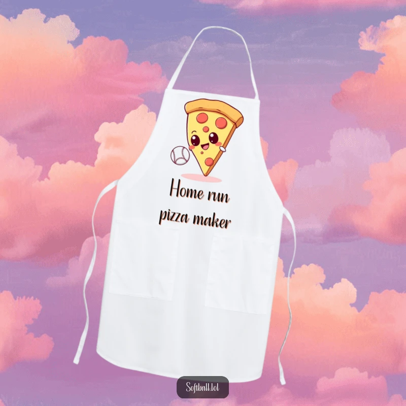 Funny giant pizza slice with googly eyes attempting to catch a baseball on a cute kitchen apron, inspiring playful cooking.