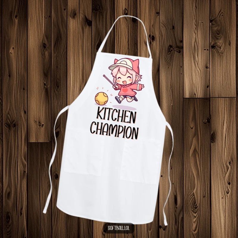 Funny apron with a character depicted in a silly, triumphant jump after hitting a ball.