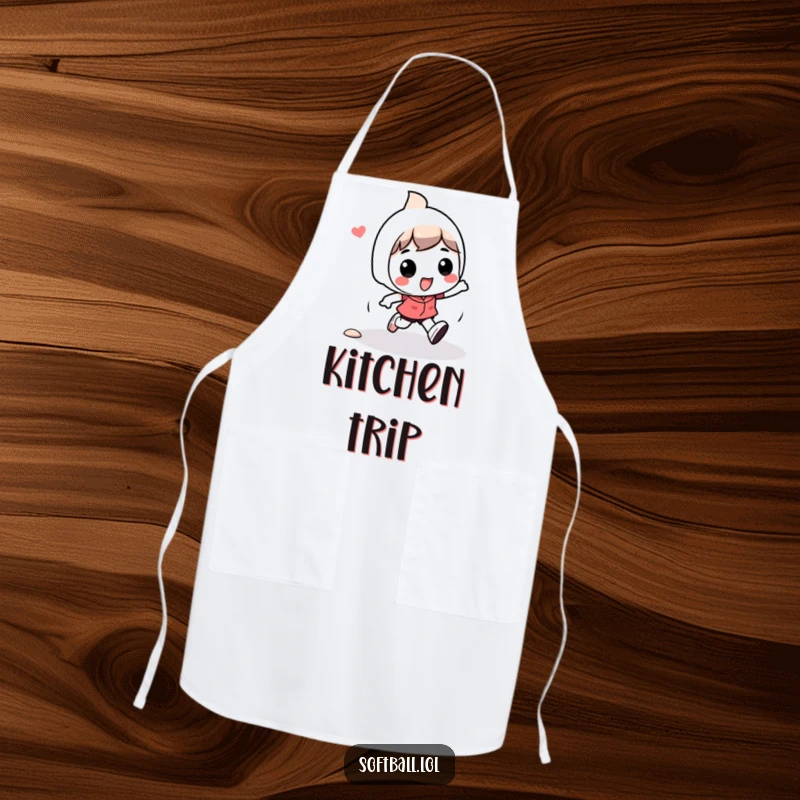 Funny kawaii character apron with a character playfully tripping while running bases, perfect for humorous kitchen activities.