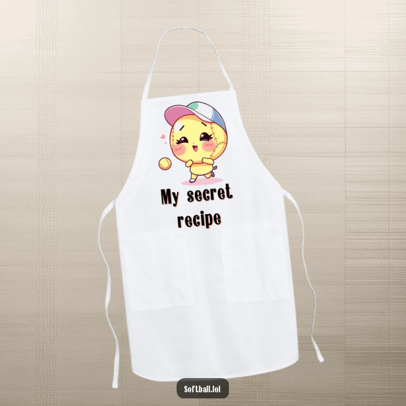 Funny winking softball apron, playing catch with a wink, perfect for kitchen fun or a funny gift.