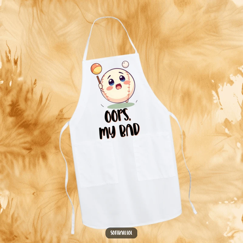 Funny softball apron displaying a surprised expression as it catches an imaginary pop fly, ideal for cooking gifts.