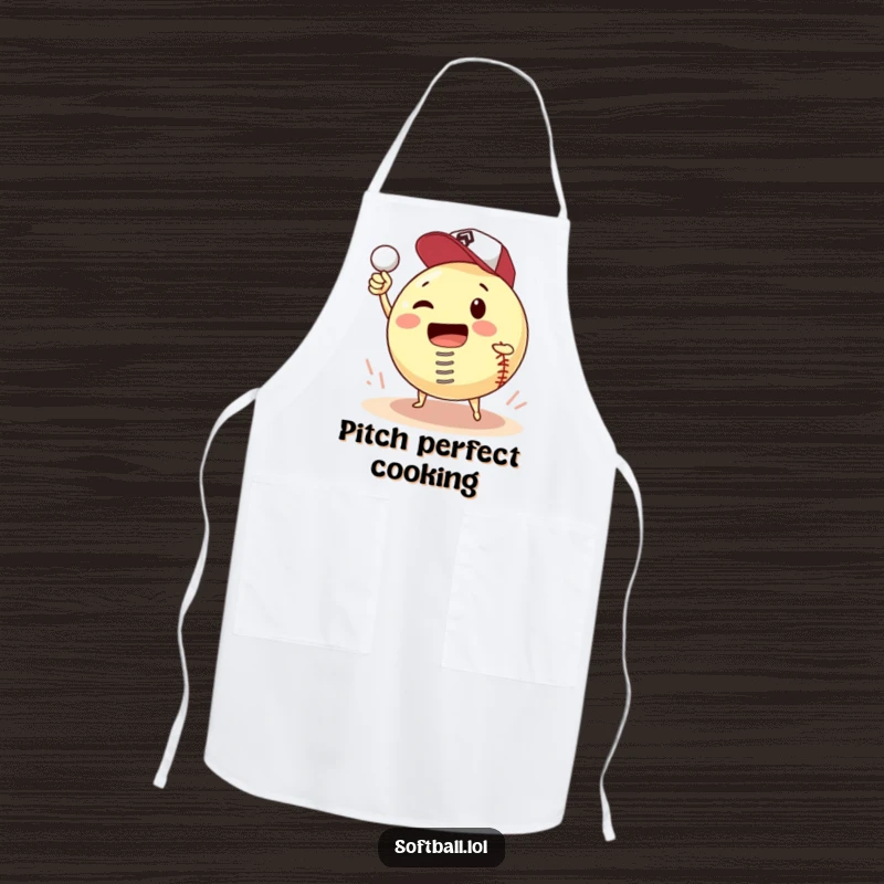 Funny apron featuring a softball with a spring, hilariously attempting to pitch itself, a comical kitchen accessory for sports lovers.