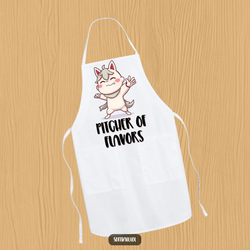 Funny apron with a character in a dramatic pitching pose, perfect for adding humor to cooking and grilling sessions.