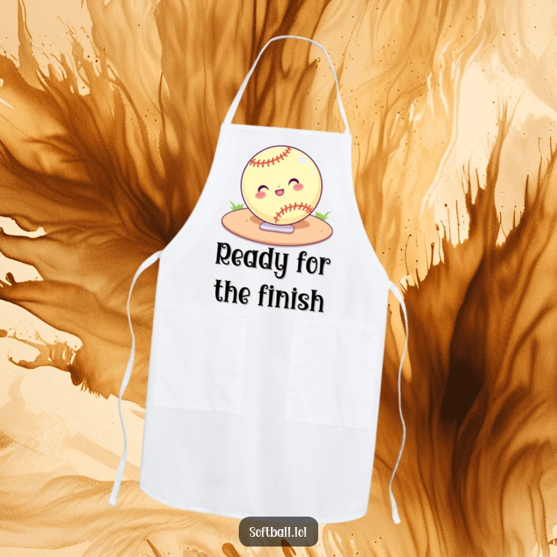 Funny apron design with a cartoon softball confidently sliding into home plate. Ideal for chefs who enjoy humorous kitchenware.