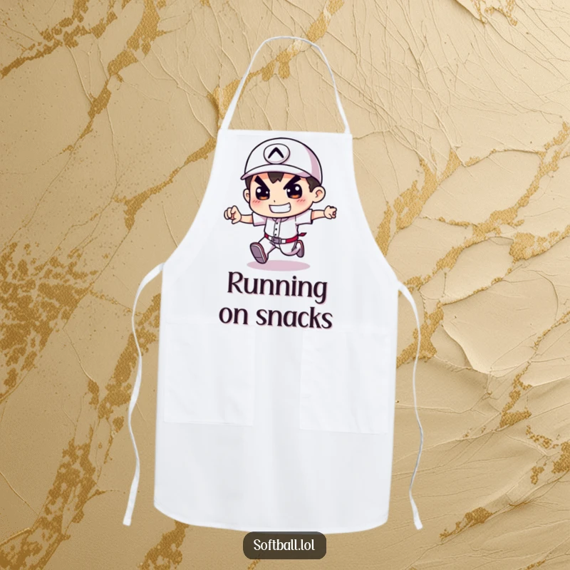Funny apron illustrated with a character running bases with intense determination, ideal for kitchen fun.