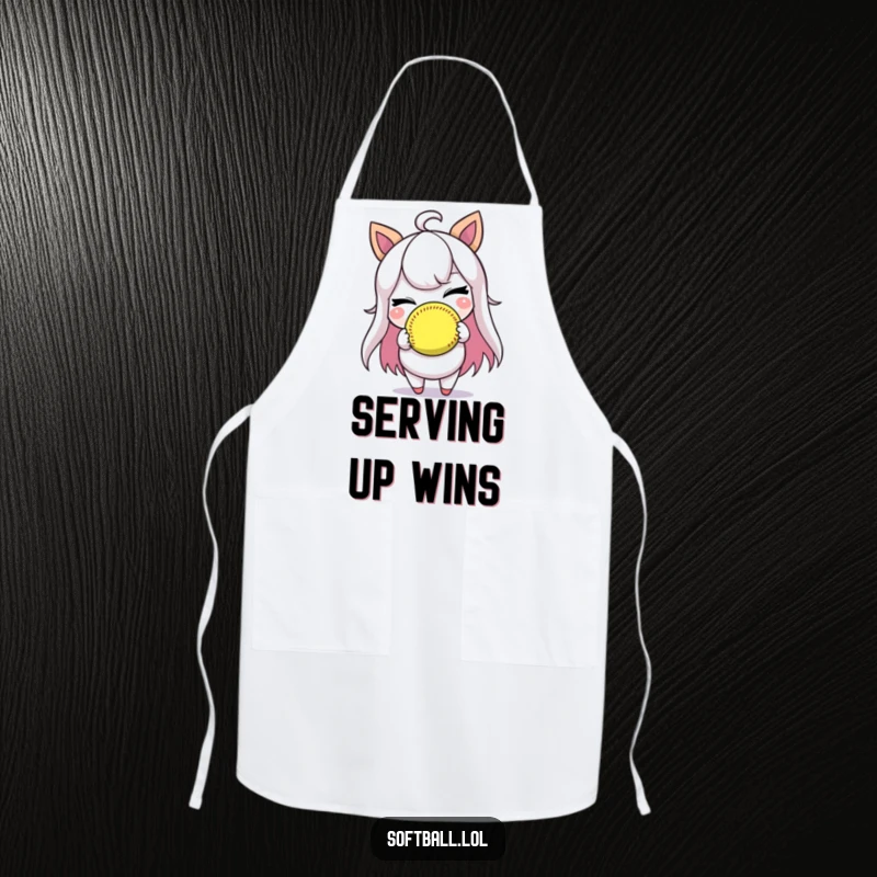 Funny apron featuring a character winking playfully while holding a softball, ideal for kitchen fun.