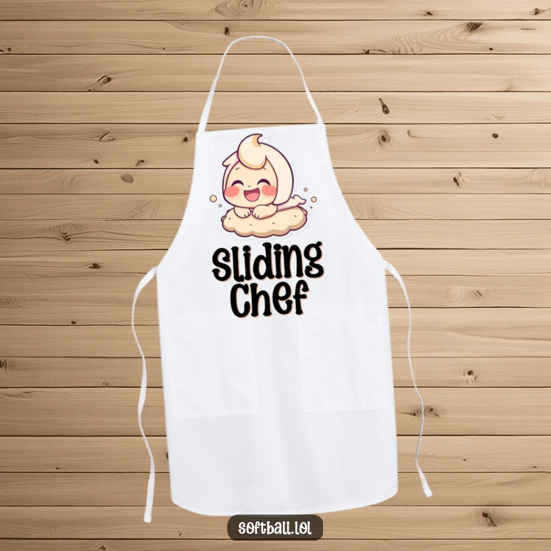 Funny baseball sloth bear apron, featuring a character sliding into base, ideal for sports-themed cooking and grilling.