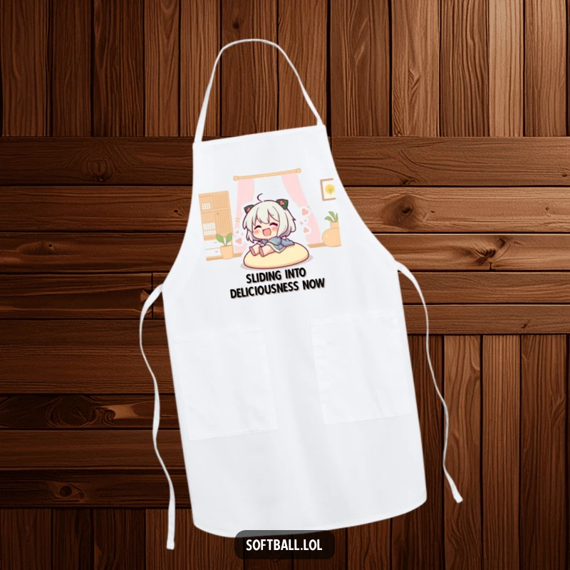 Funny character sliding into home base on a kitchen apron, ideal for adding sports humor to cooking.