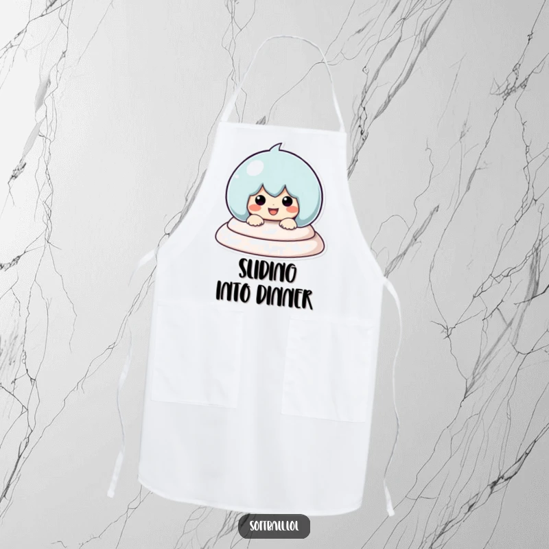 Funny Baseball Sliding Apron, showing a smiling kawaii character sliding into a base, perfect for kitchen fun and protecting clothes.