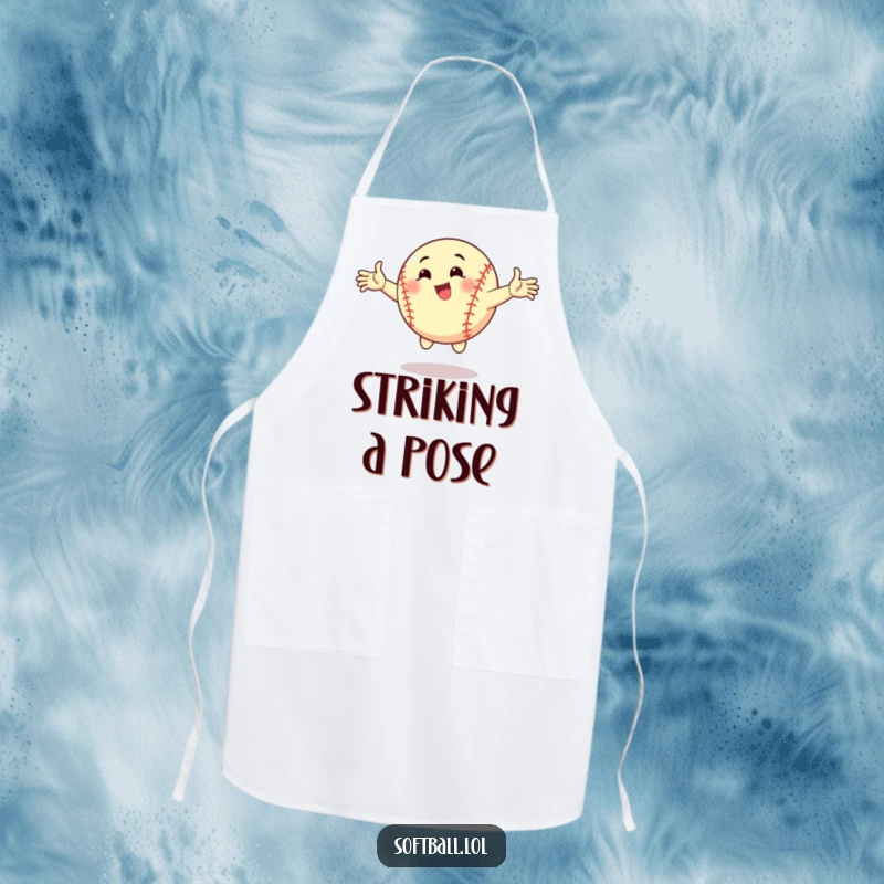 Funny apron design with a cartoon softball striking a dynamic pose with arms outstretched. Ideal for chefs who enjoy humorous kitchenware.