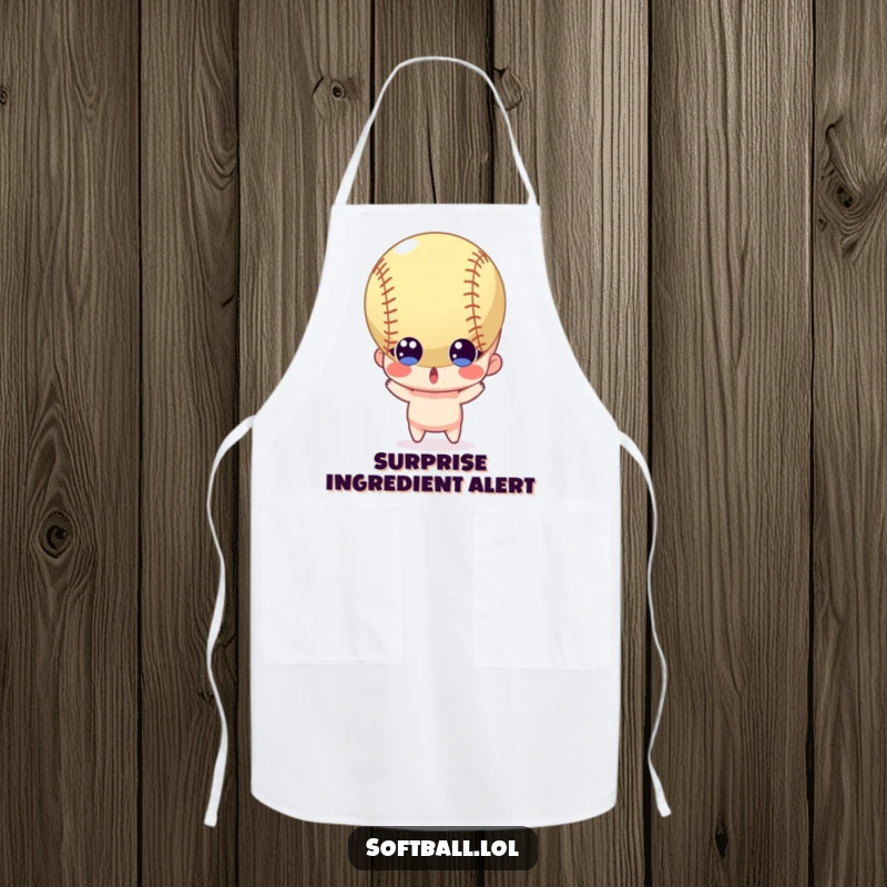 Funny apron showing a surprised character with wide eyes reacting to a softball, perfect for kitchen dodges.