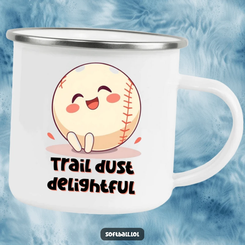 Funny Camping Mug: A happy softball character rolls gleefully, bringing playful energy and fun to your outdoor beverage.
