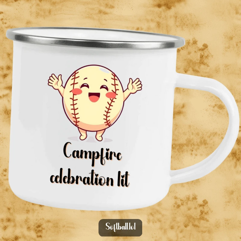 Funny Camping Mug: A joyful softball character cheers with arms raised, bringing celebratory energy to your outdoor beverage.