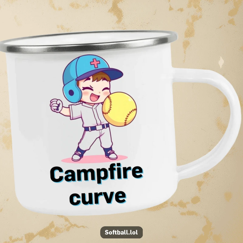 Funny softball player camping mug shows a character throwing a curveball with a wink, perfect for outdoor adventures and humor.