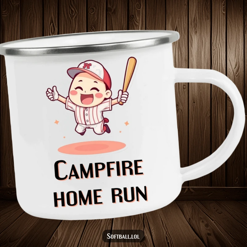 Funny camping mug featuring a happy character celebrating a baseball home run with a triumphant jump, perfect for outdoor victories.