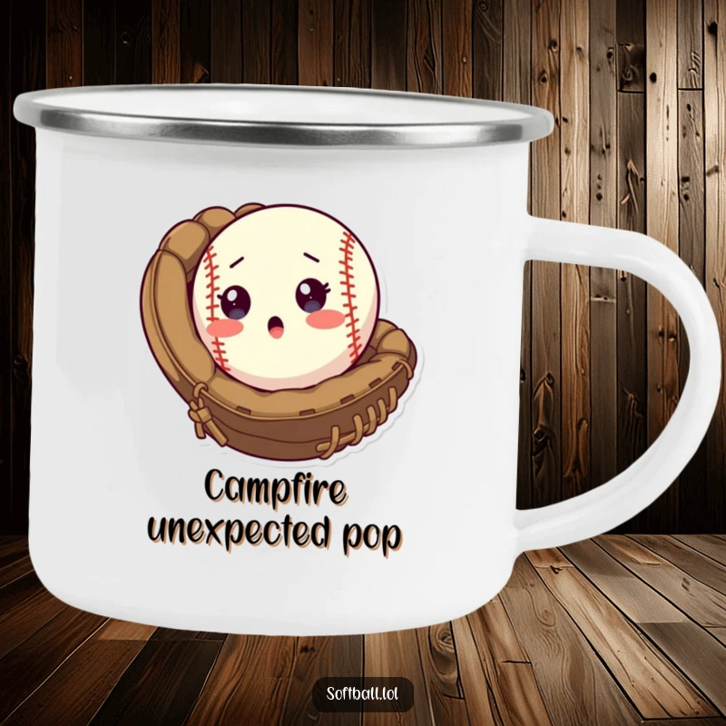 Funny Camping Mug featuring a surprised softball popping out of a mitt, perfect for enjoying outdoor moments with humor.