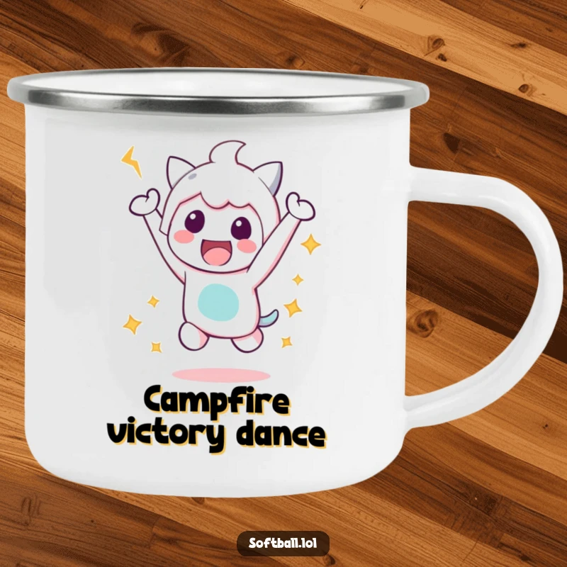 Funny Victory Jump Camping Mug, showing a kawaii character doing a happy jump after a hit, great for camping and outdoor celebrations.