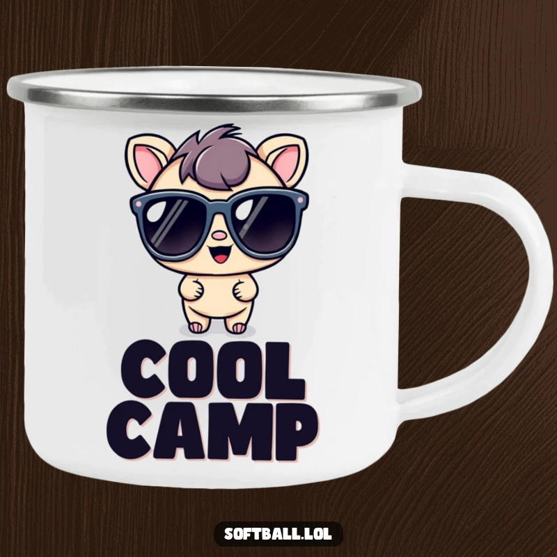 Funny kawaii character camping mug with a cool character wearing oversized sunglasses, ideal for outdoor style and humor.