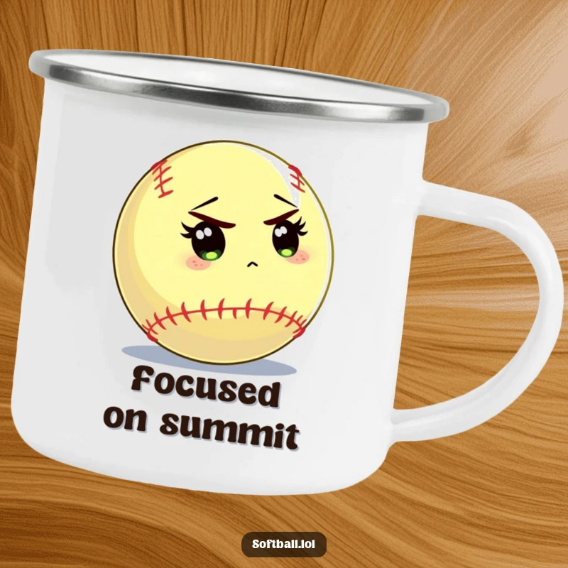 Funny softball camping mug showing a softball character peering intently at the batter, perfect for focused adventurers.