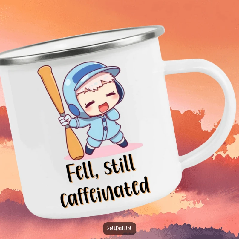 Funny camping mug with a character comically tripping over a baseball bat, durable and humorous for outdoor use.