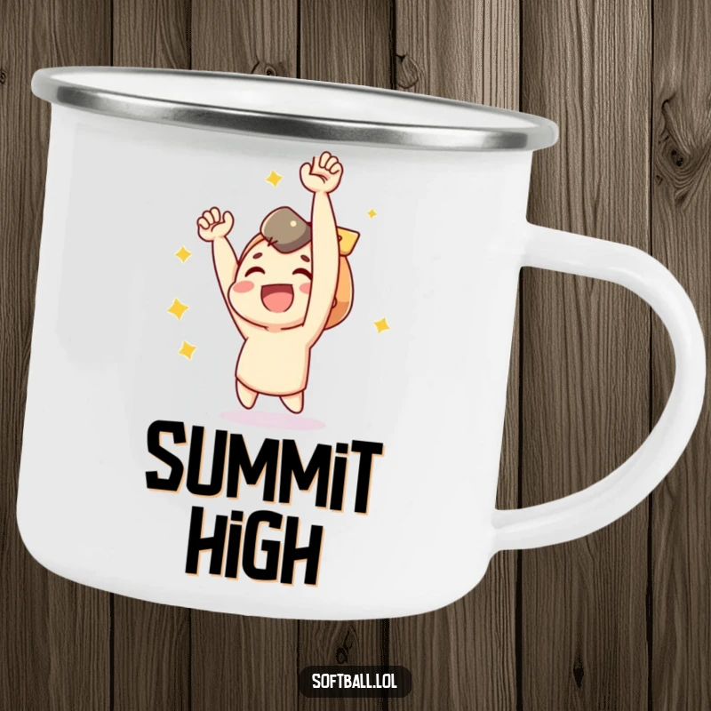 Funny camping mug with a joyful character cheering after a baseball hit, perfect for outdoor fans.