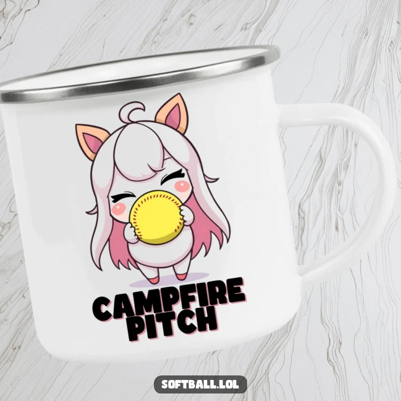Funny enamel camping mug featuring a character winking while holding a softball, designed for outdoor fun.