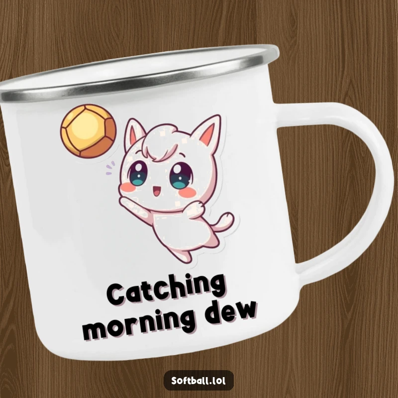 Funny Fly Ball Camping Mug, showing a kawaii character with excited eyes catching a fly ball, great for camping and outdoor activities.