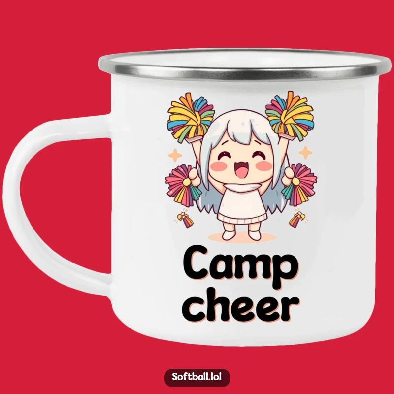 Funny Kawaii Cheering Character Camping Mug: Pom-Pom Adventures
