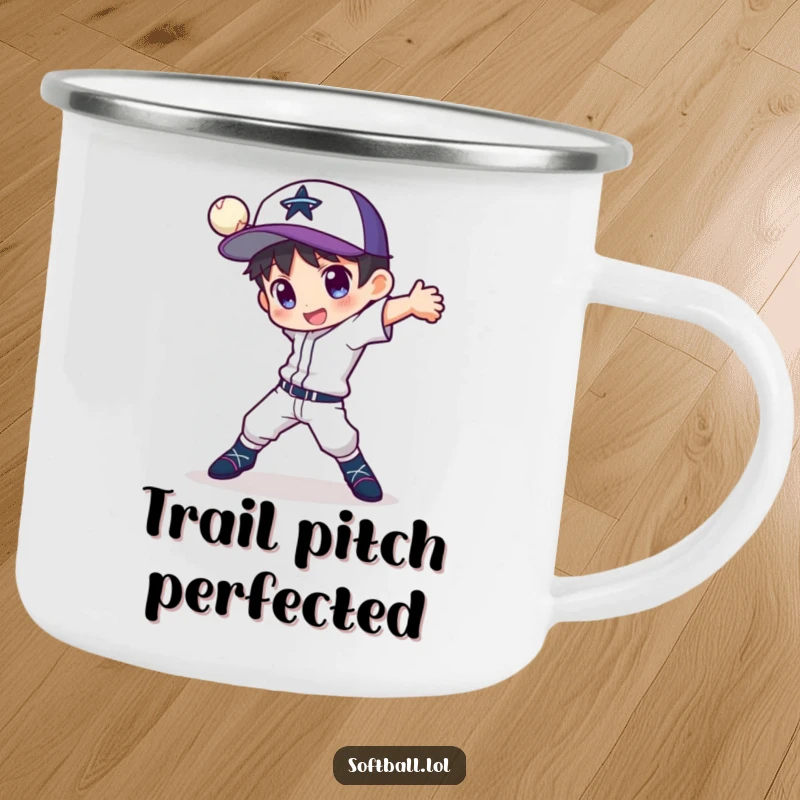 Funny camping mug featuring a character in a dynamic pose with a fancy pitching motion, perfect for outdoor enthusiasts.