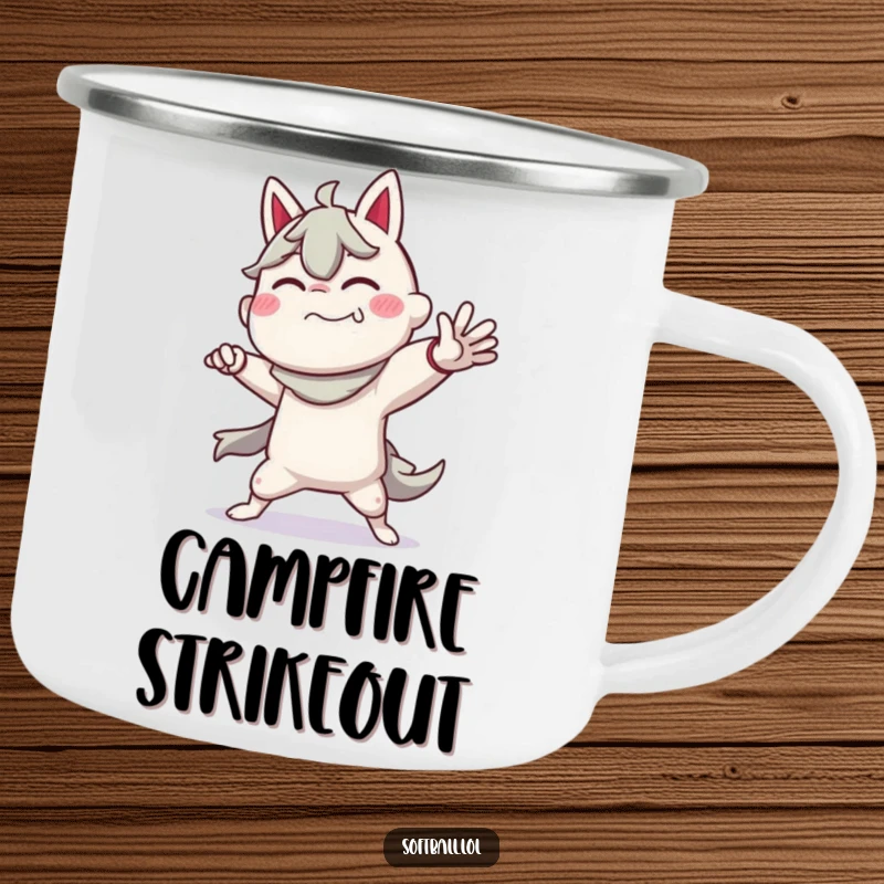 Funny camping mug showing a character in a dramatic pitching pose, bringing baseball humor to outdoor excursions.