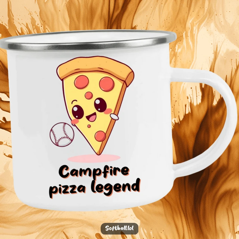 Funny giant pizza slice with googly eyes attempting to catch a baseball on a durable camping mug, perfect for sports fans.