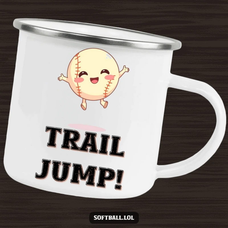Funny silly jump softball camping mug, mid-jump action, perfect for outdoor fun and funny gifts.