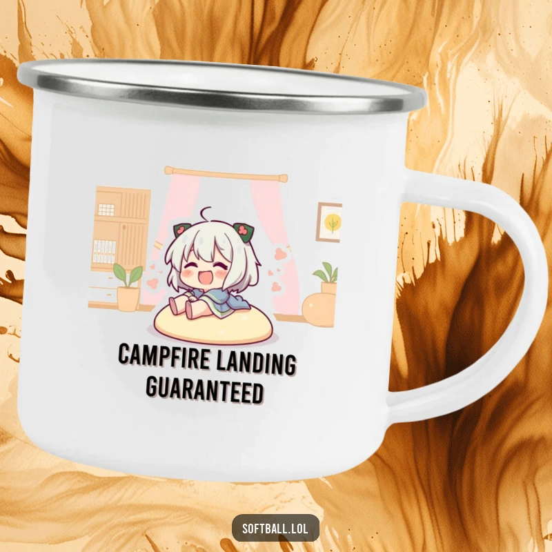 Funny character sliding into home base on an enamel camping mug, perfect for sports fans who love the outdoors.