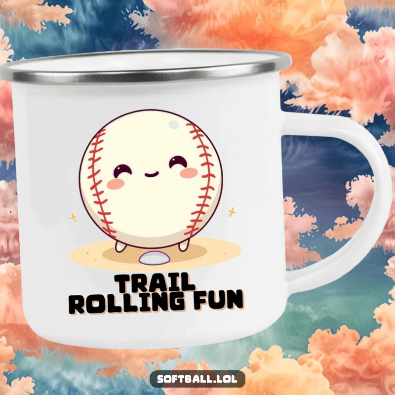 Funny softball camping mug showing a happy softball character rolling with glee around the bases, perfect for outdoor fun.