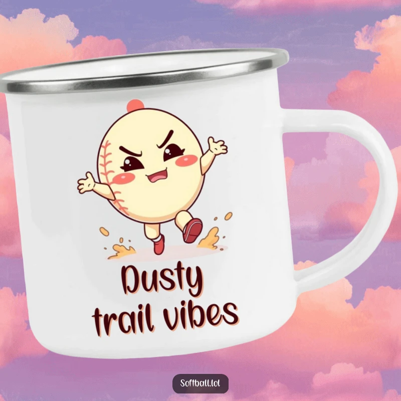Funny softball camping mug featuring a character playfully kicking up dust with a happy grimace, designed for rugged fun and spirited action.